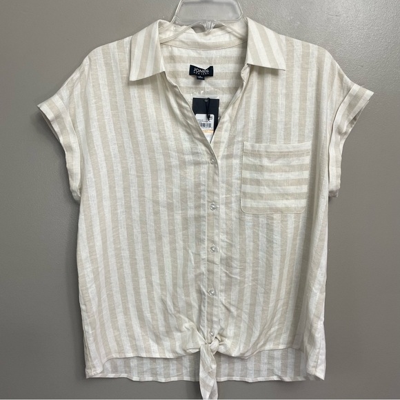 NWT Jones New York shirt women’s size small linen stripe  button down beach - Picture 1 of 9
